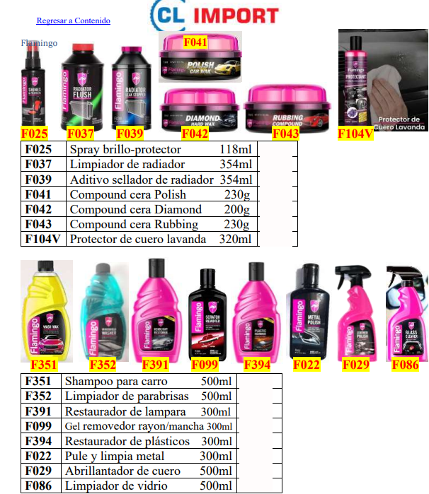 Página con imágenes de productos de la marca Flamingo para el cuidado del carro